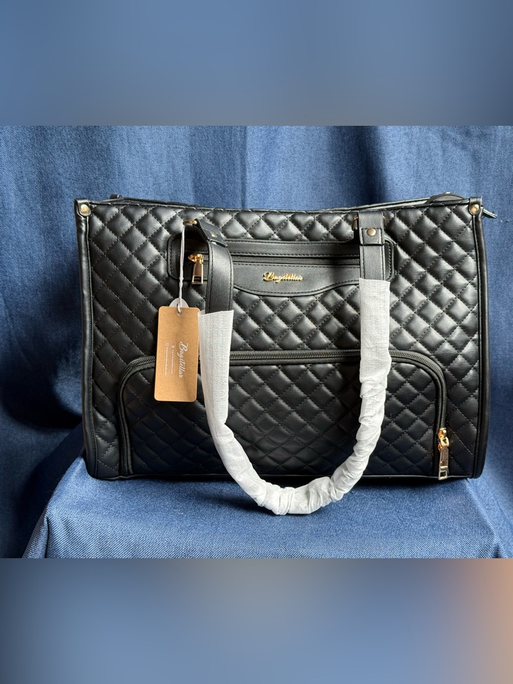 Bagstellar Quilted Laptop Tote Bag Black Executive Briefcase Work Women Hat NWT